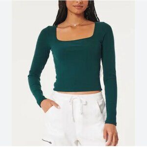 Hollister California Women’s XL Green Ribbed Long Sleeve Square Neck Cropped